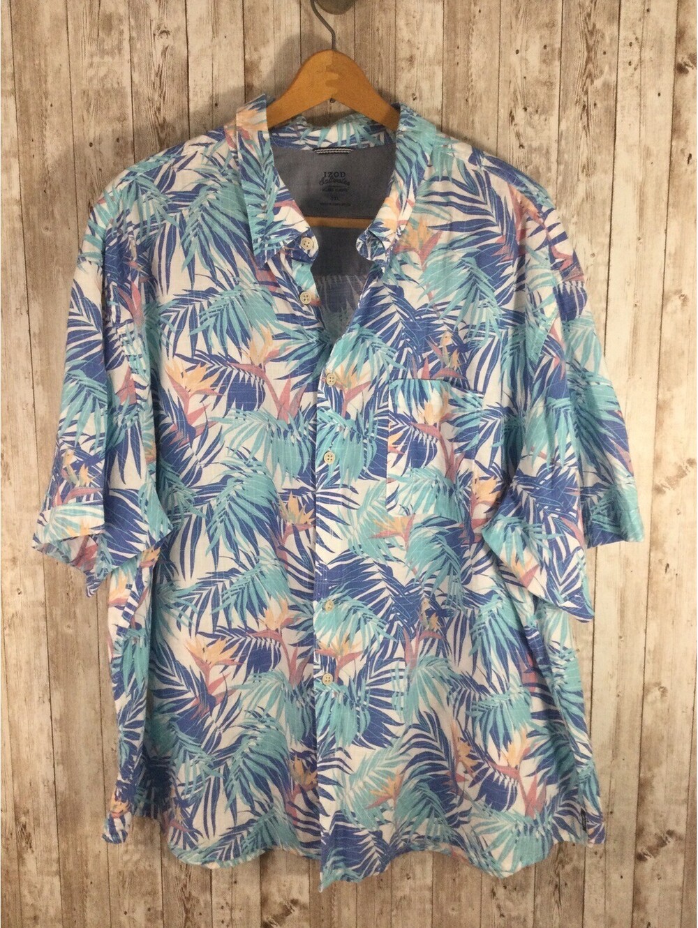 IZOD Saltwater Hawaiian Shirt Mens 3XL Cotton Blue Coastal Beach Casual Vacation